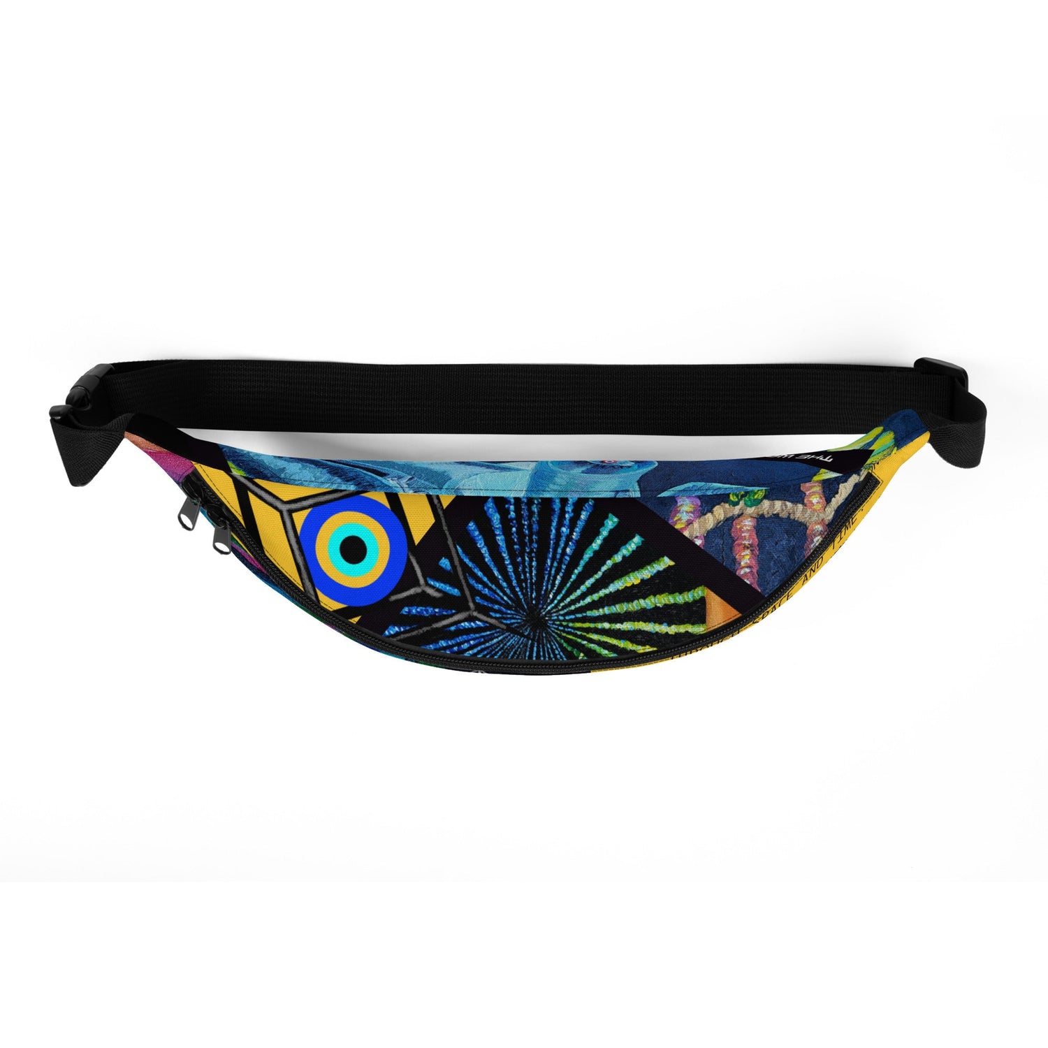 Multi-colored fanny pack featuring digitally transferred artwork by Queen Chauncey. This trendy, unisex, vegan-friendly accessory comes in two size options. Perfect for festivals, travel, or daily wear, adding a unique, boho-inspired touch to any outfit.