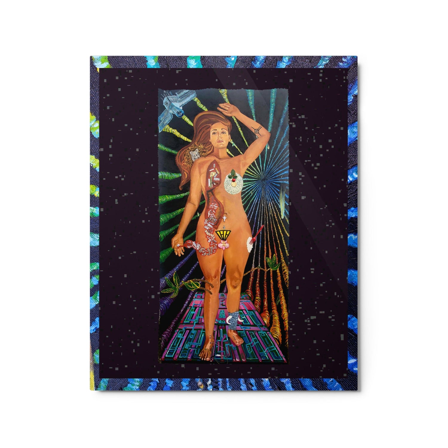 16" x 20" metal print of the 5D Goddess painting by Queen Chauncey, showcasing a digital interpretation with vibrant details. This mystical, boho-inspired art piece embodies divine feminine energy and cosmic elegance, perfect for wall decor.