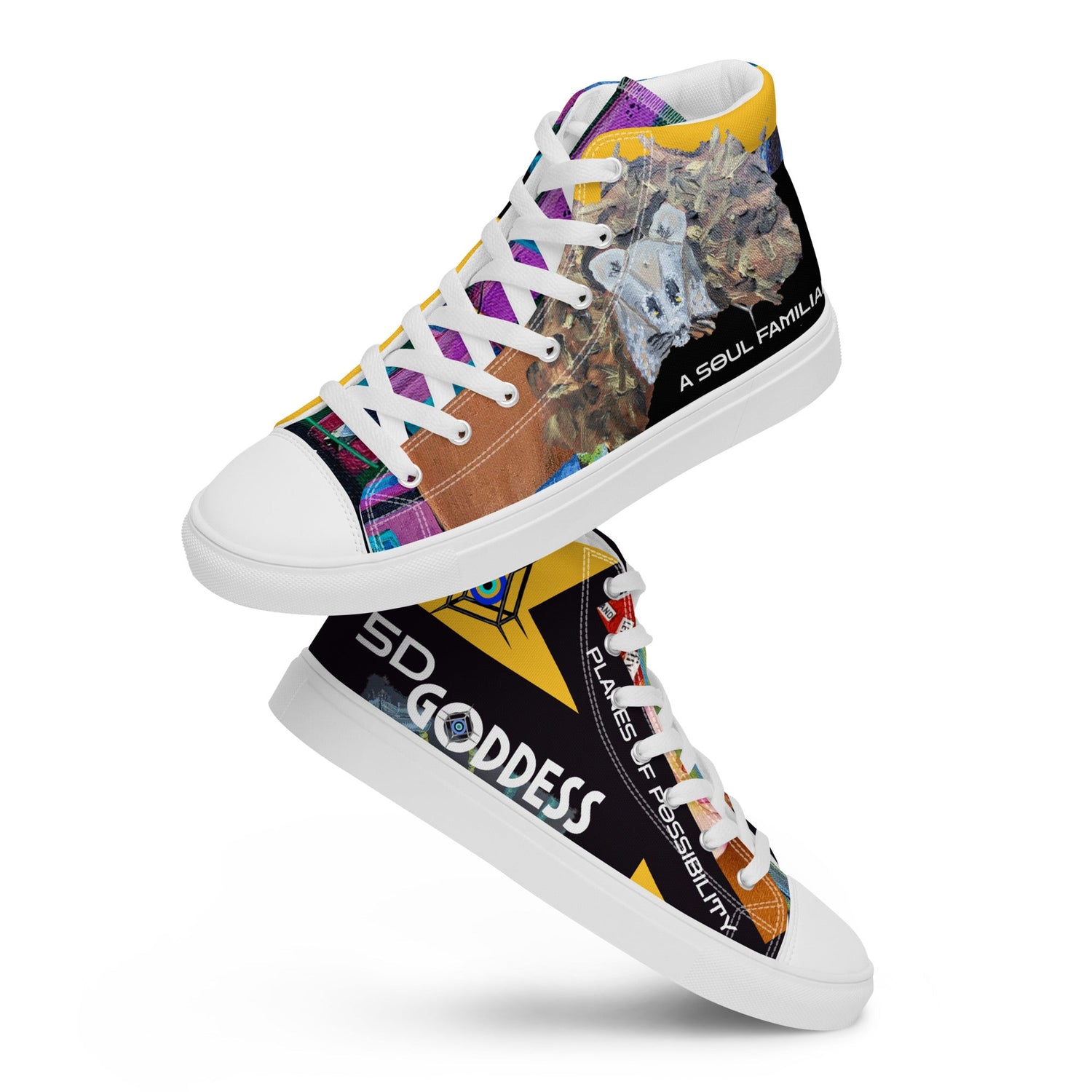 Women's high-top shoe in black or white shell options, featuring the "Soul Familiar" design from Queen Chauncey’s oracle deck. This boho-inspired, wearable art piece blends street style with mystical flair, embodying the essence of a soulful connection.